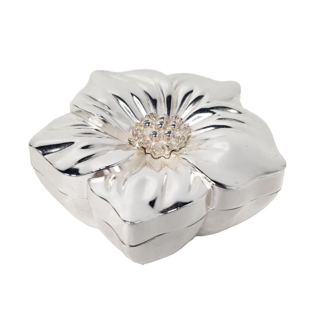 VTG Mirrored Silver Tone Metal Flower Jewelry Box Lidded For You Ease Only Inc